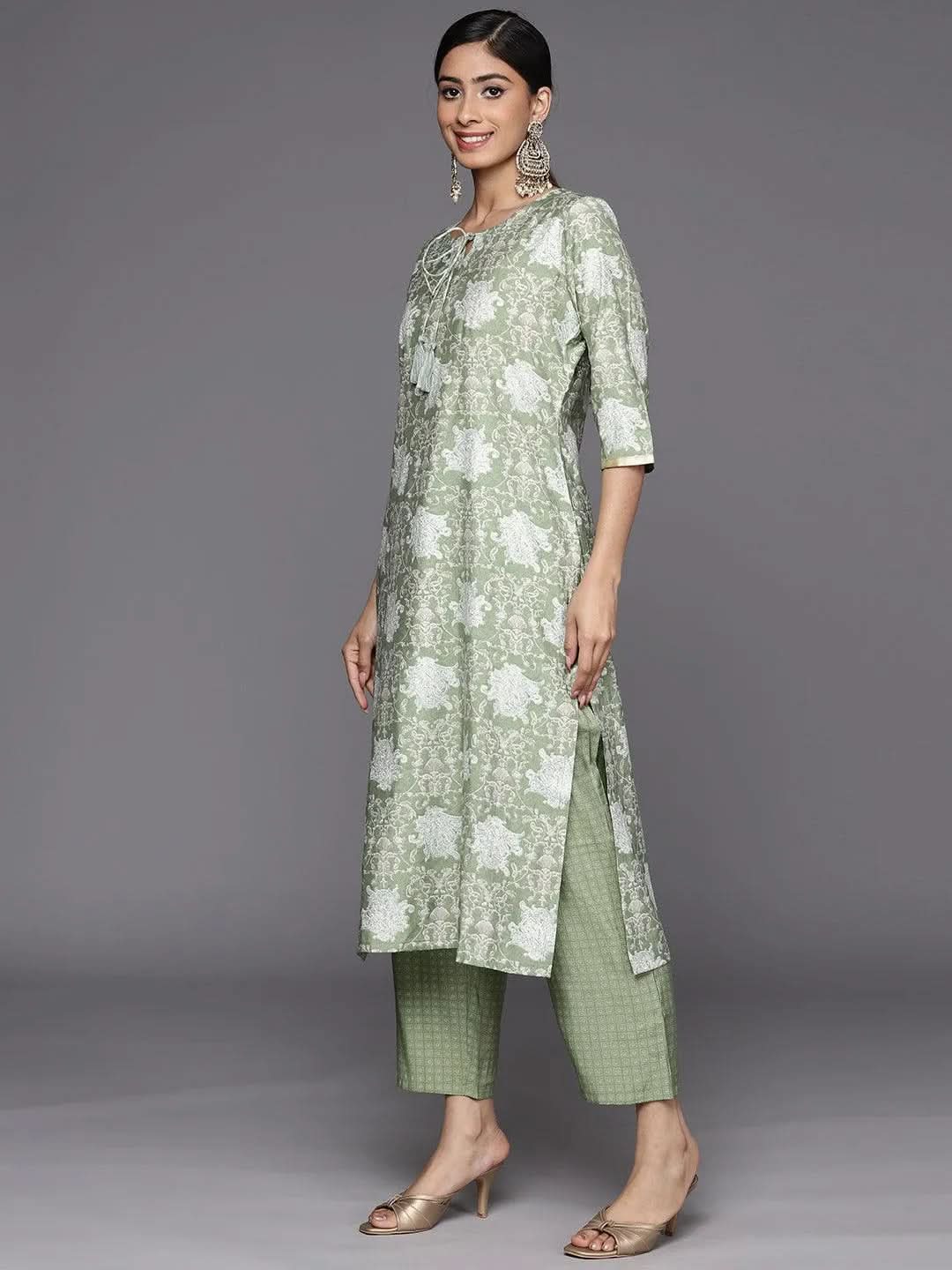 Gerua Green Printed Silk Blend Straight Kurta With Trousers & Dupatta