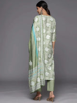 Gerua Green Printed Silk Blend Straight Kurta With Trousers & Dupatta
