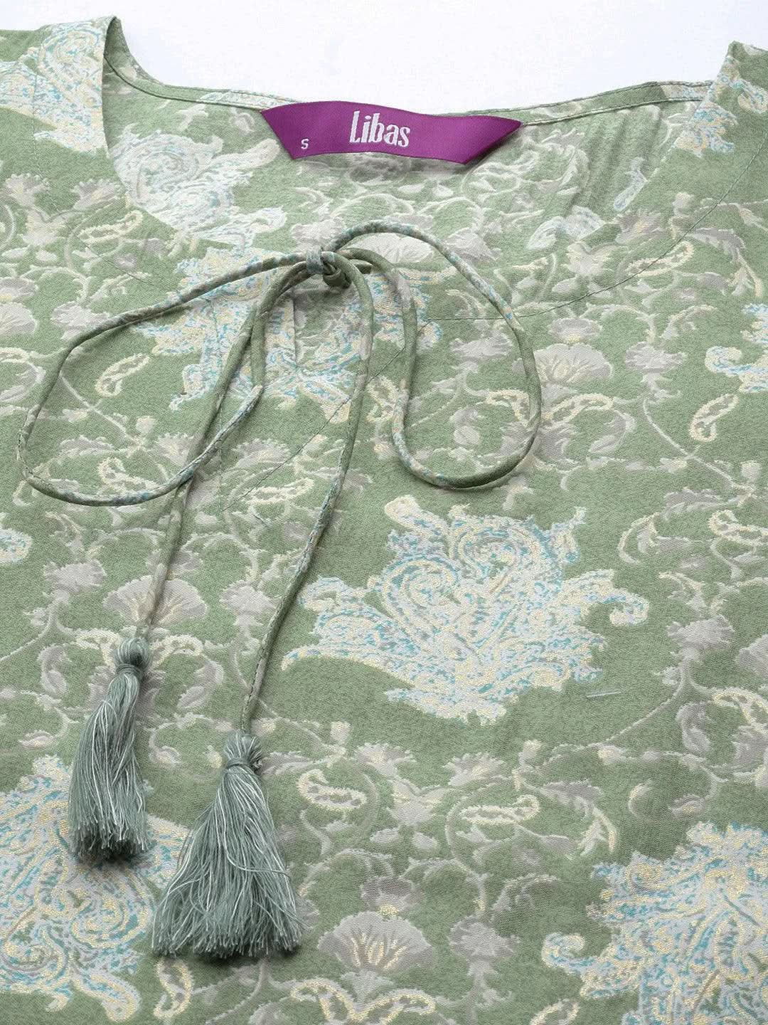 Gerua Green Printed Silk Blend Straight Kurta With Trousers & Dupatta