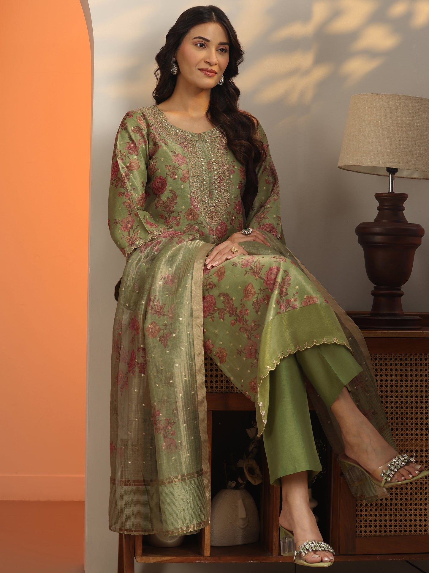 Libas Green Printed Silk Blend Straight Suit Set With Dupatta