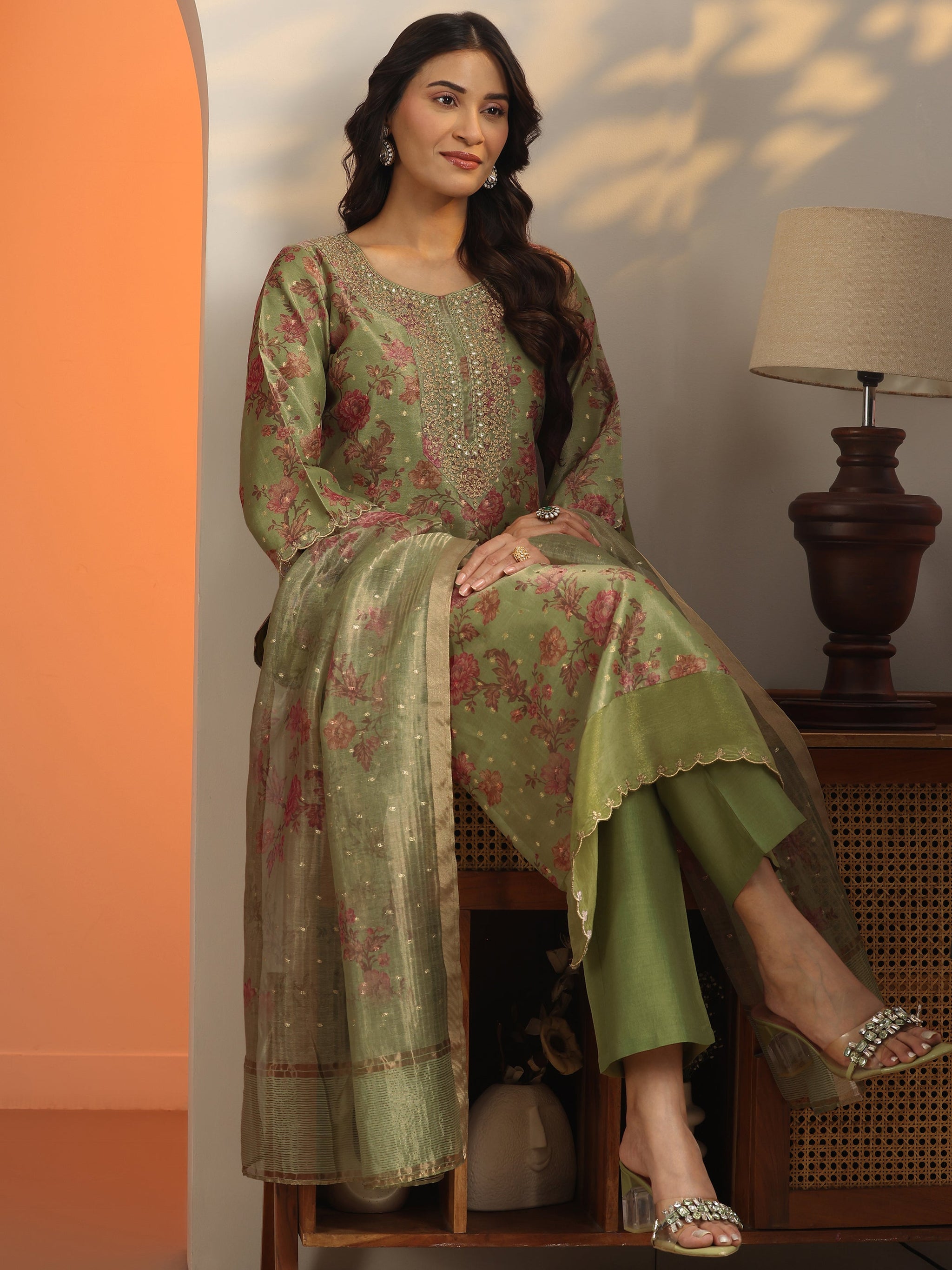 Libas Green Printed Silk Blend Straight Suit Set With Dupatta