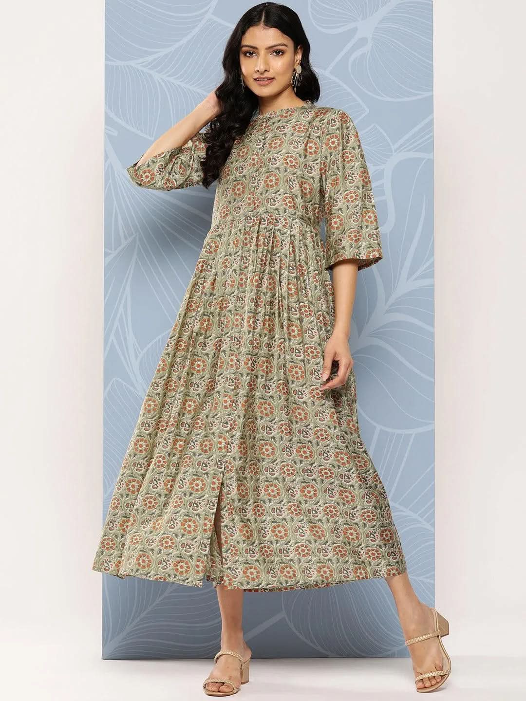 Gerua Green Printed Silk Fit and Flare Dress