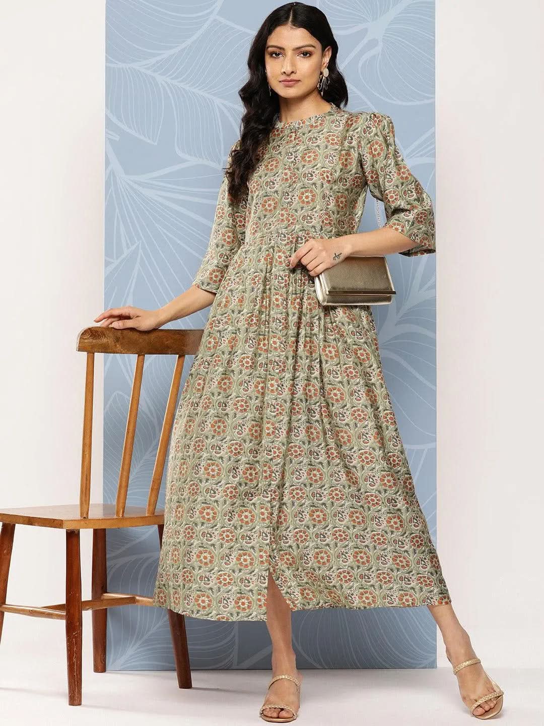 Gerua Green Printed Silk Fit and Flare Dress