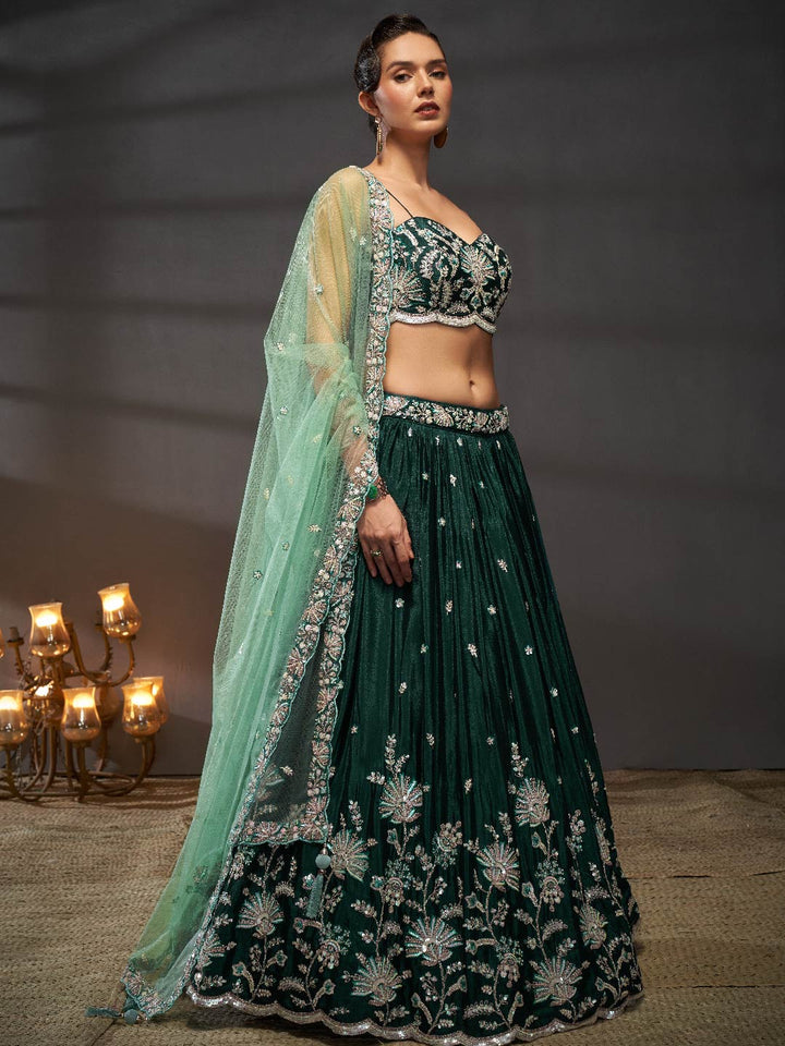 Green Pure Chiffon Sequins embroidery Semi-Stitched Lehenga choli & Dupatta