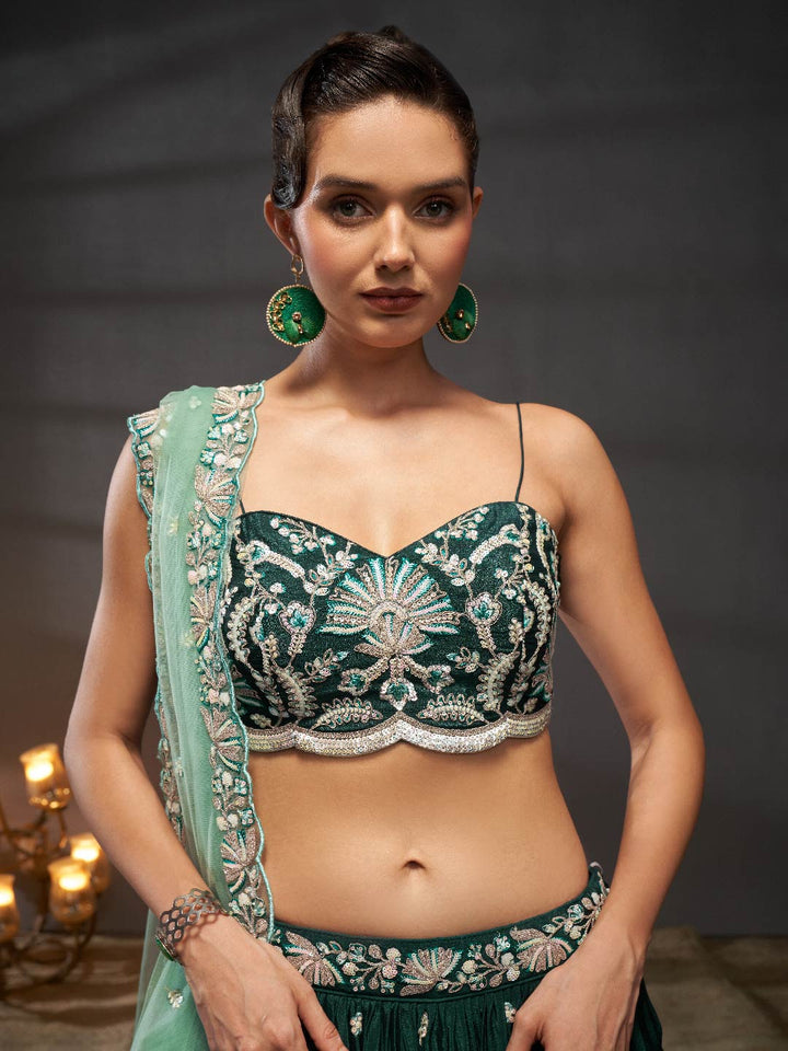 Green Pure Chiffon Sequins embroidery Semi-Stitched Lehenga choli & Dupatta