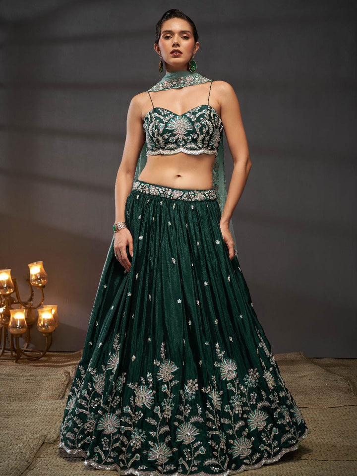 Green Pure Chiffon Sequins embroidery Semi-Stitched Lehenga choli & Dupatta
