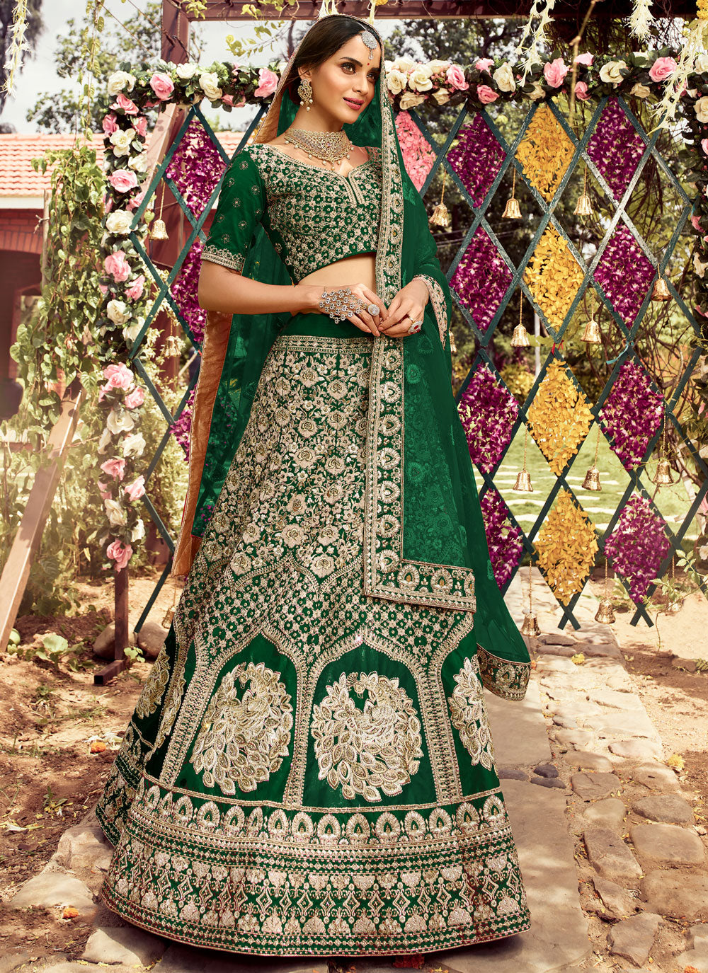 Green Embroidered Silk Semi Stitched Lehenga