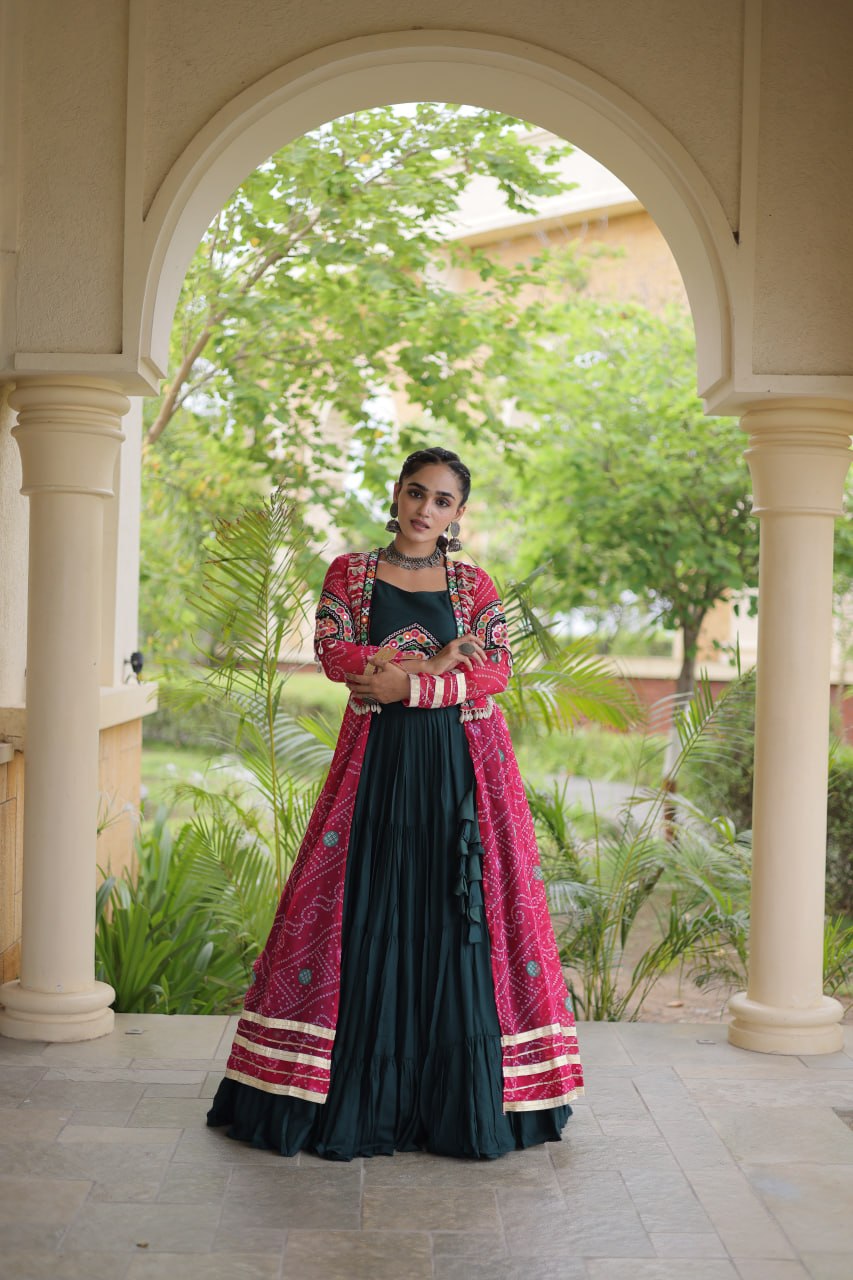 Green Rayon Lehenga Choli with Shrug