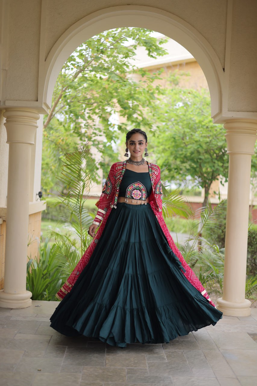 Green Rayon Lehenga Choli with Shrug