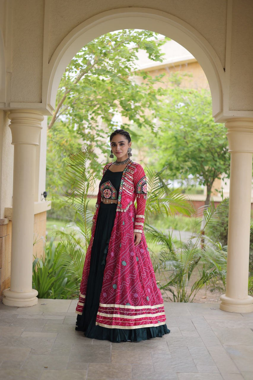 Green Rayon Lehenga Choli with Shrug