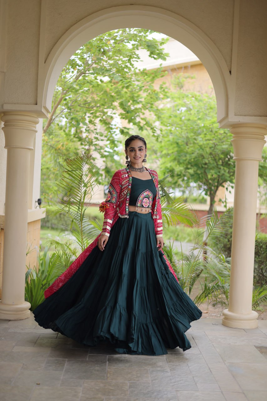 Green Rayon Lehenga Choli with Shrug