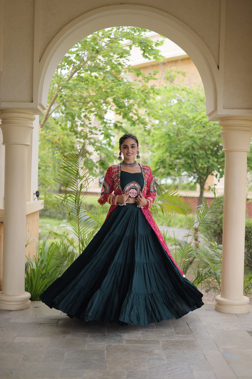 Green Rayon Lehenga Choli with Shrug