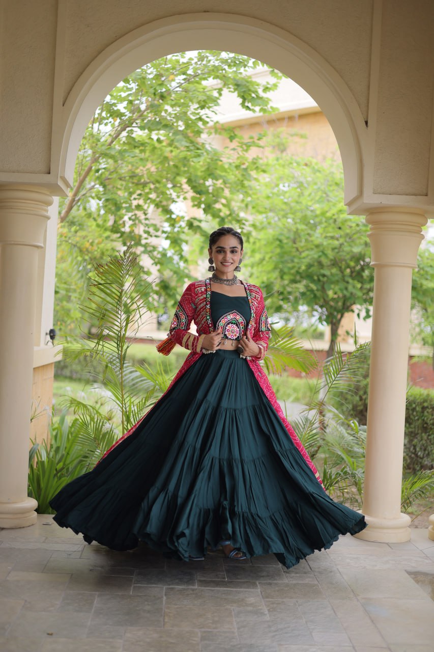 Green Rayon Lehenga Choli with Shrug
