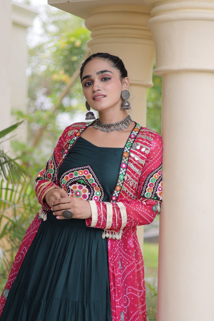 Green Rayon Lehenga Choli with Shrug