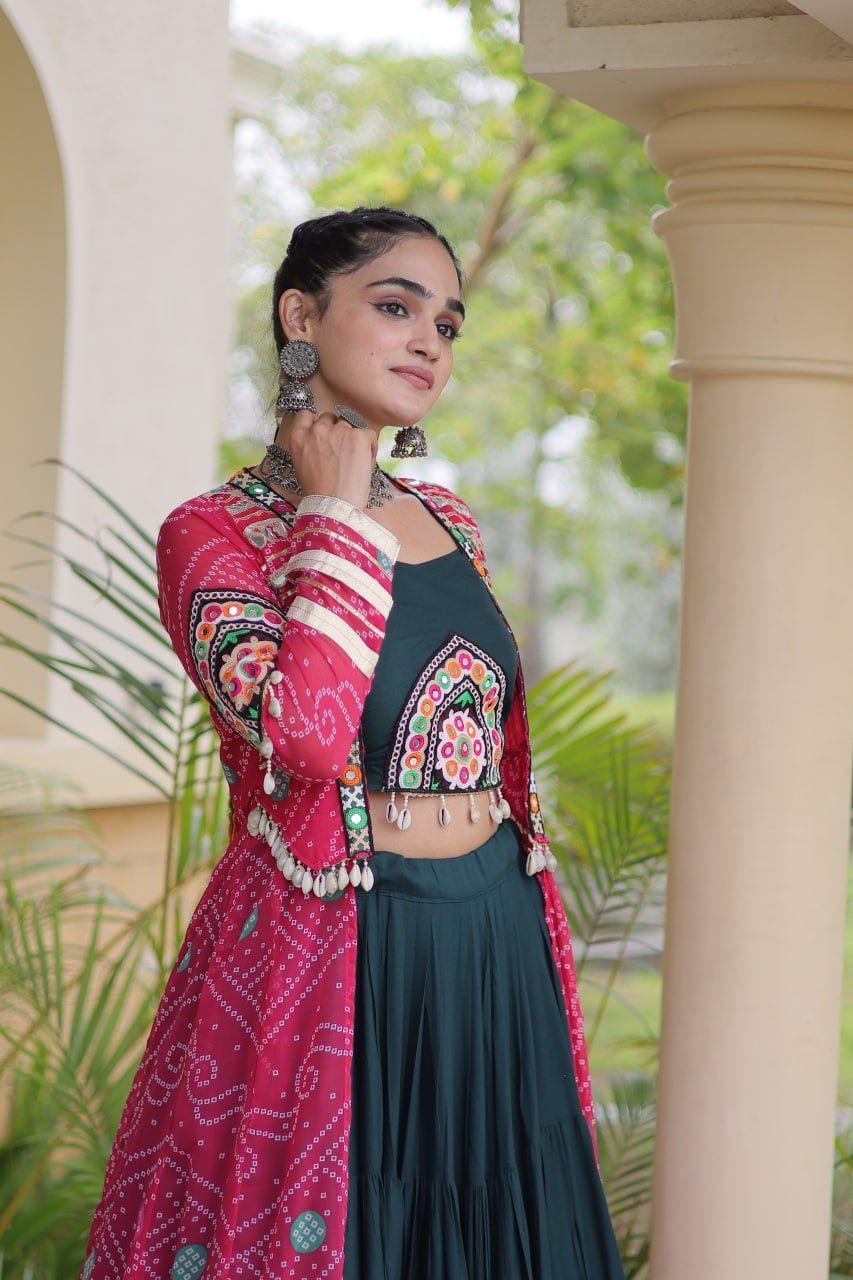 Green Rayon Lehenga Choli with Shrug