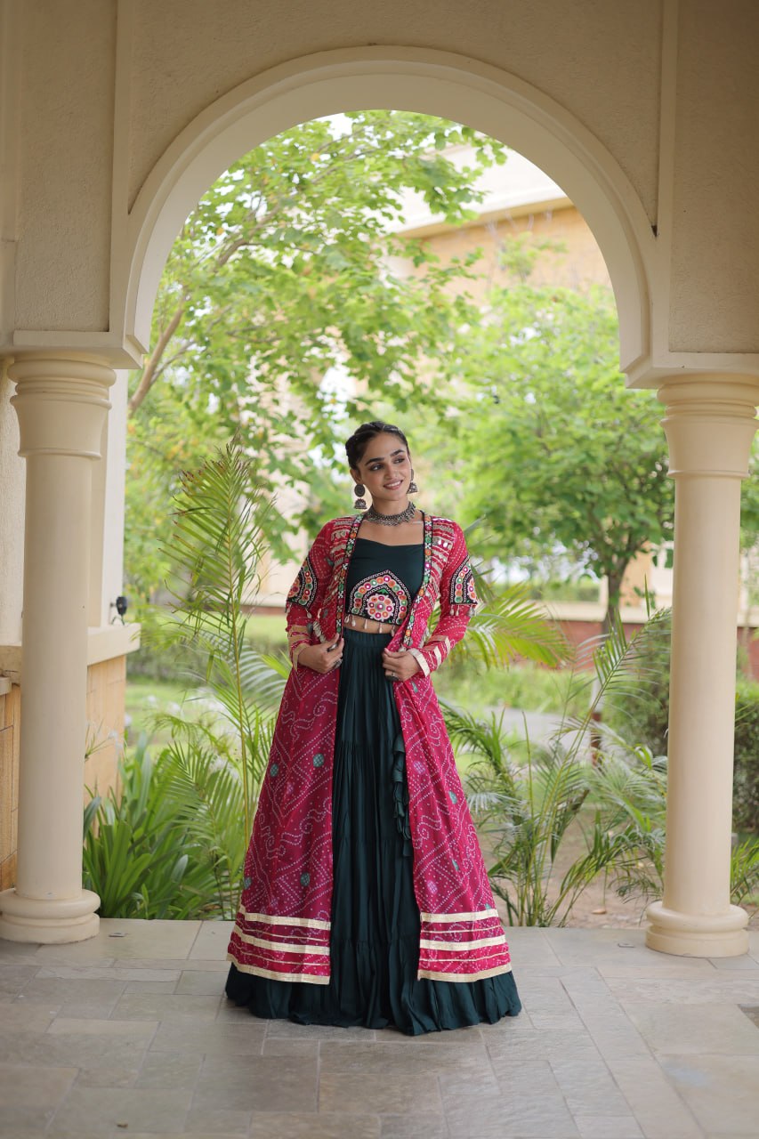 Green Rayon Lehenga Choli with Shrug