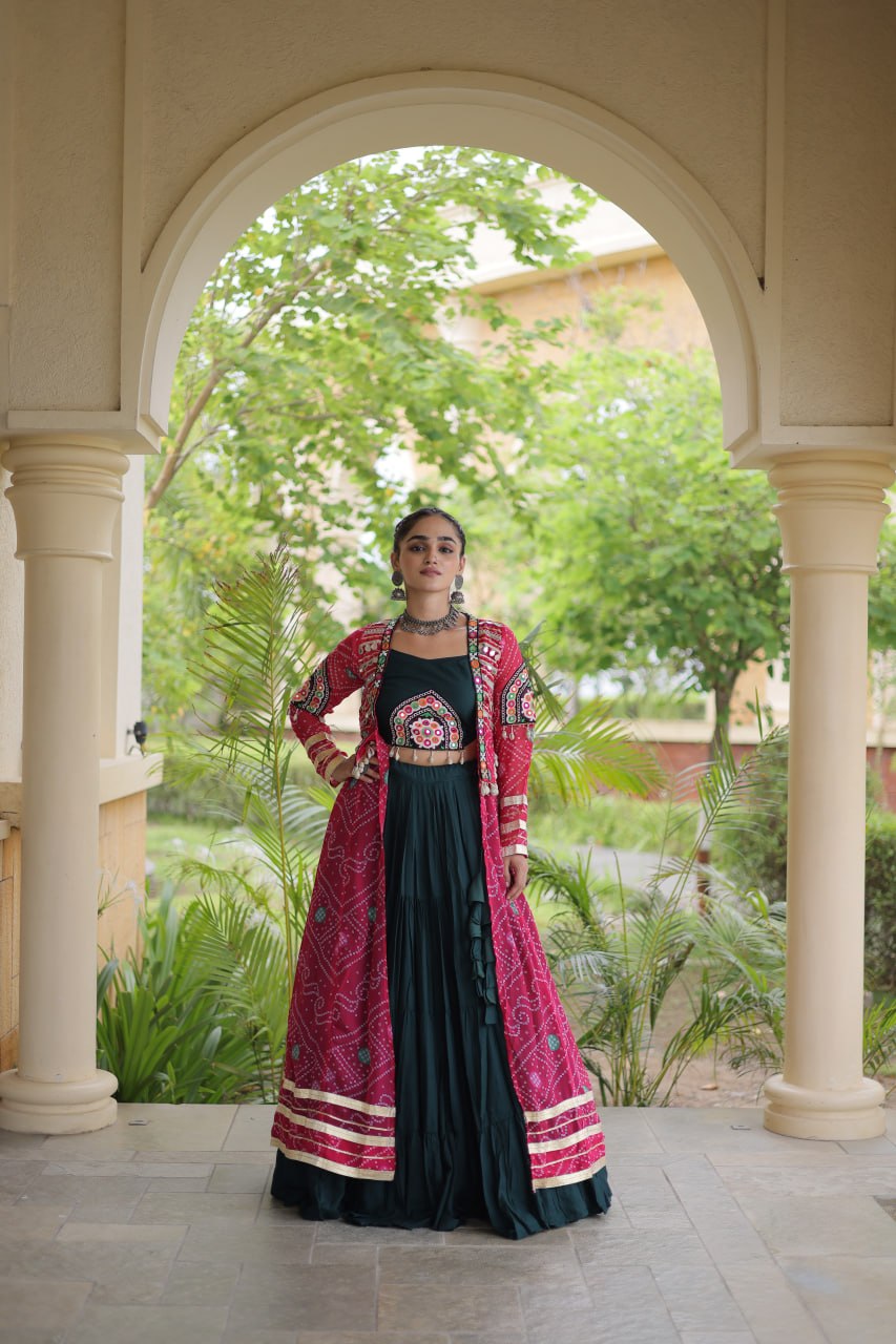 Green Rayon Lehenga Choli with Shrug