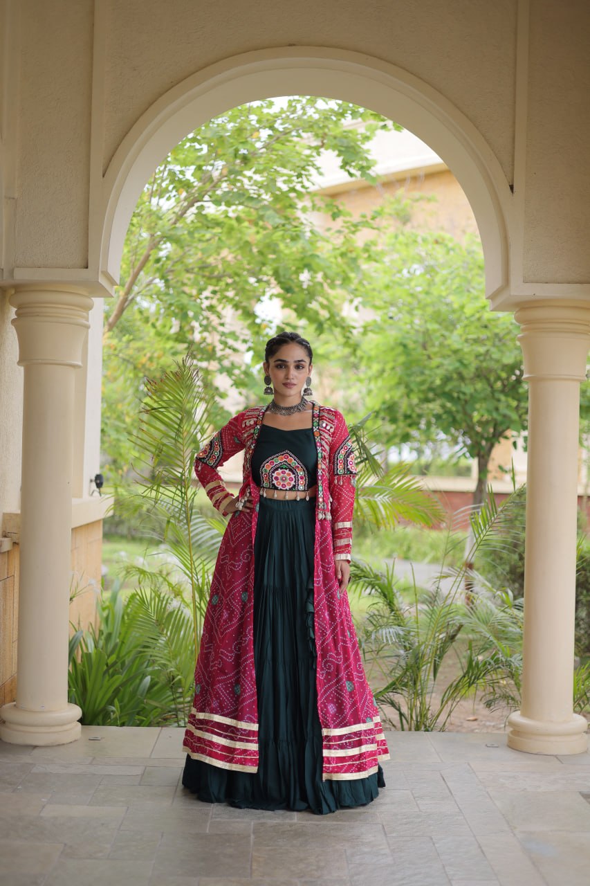 Green Rayon Lehenga Choli with Shrug