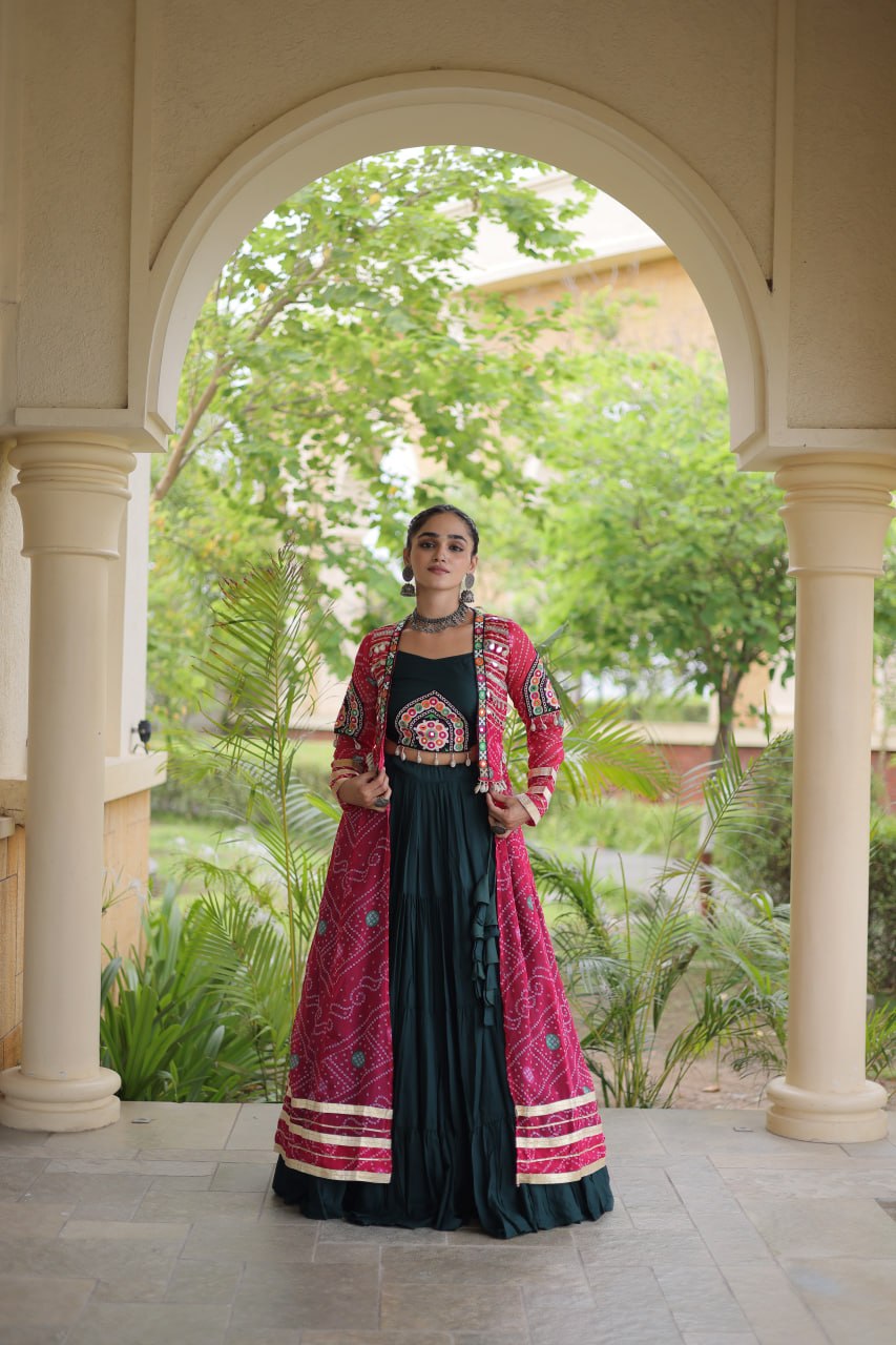 Green Rayon Lehenga Choli with Shrug