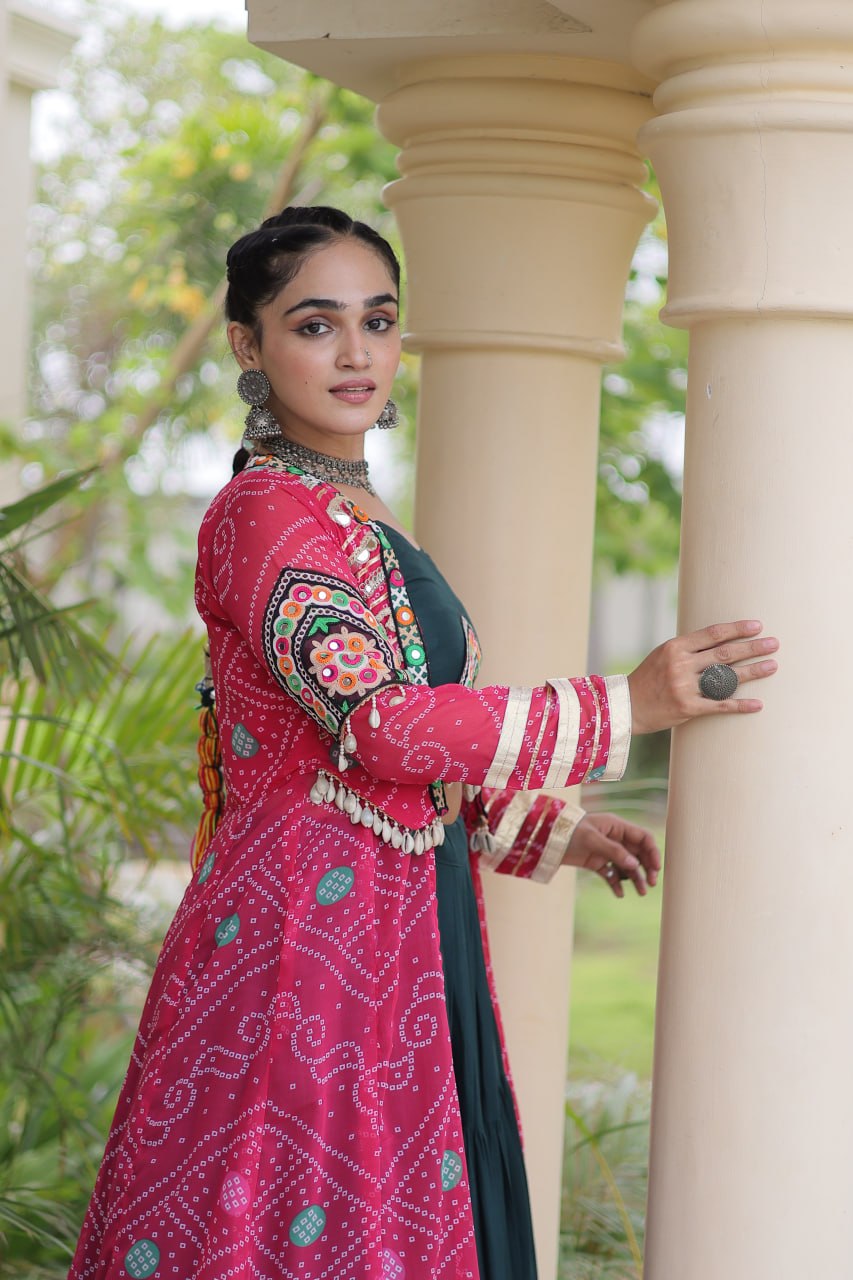 Green Rayon Lehenga Choli with Shrug