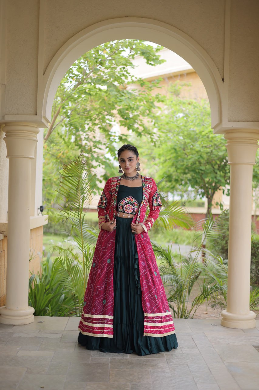 Green Rayon Lehenga Choli with Shrug
