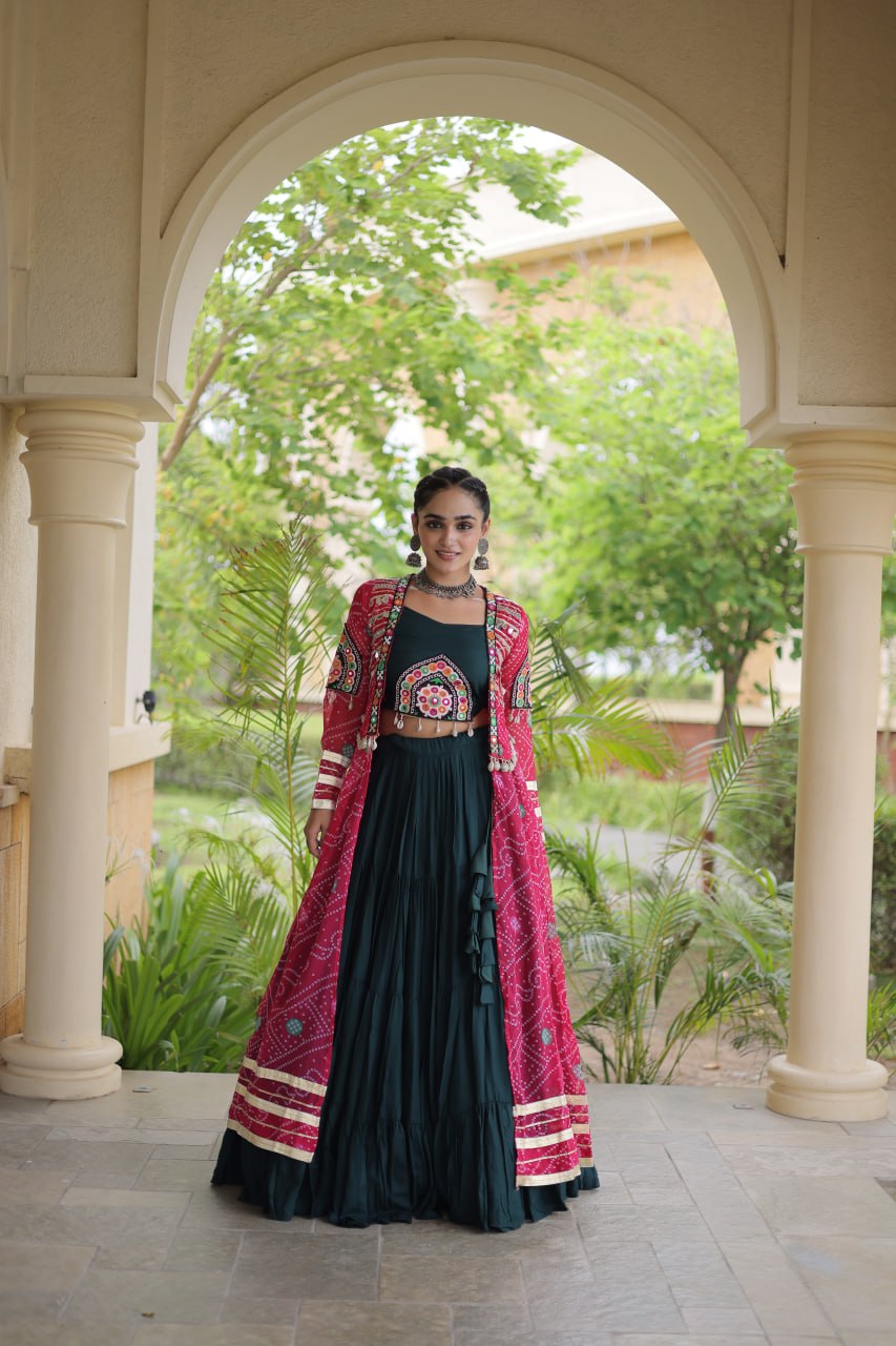 Green Rayon Lehenga Choli with Shrug