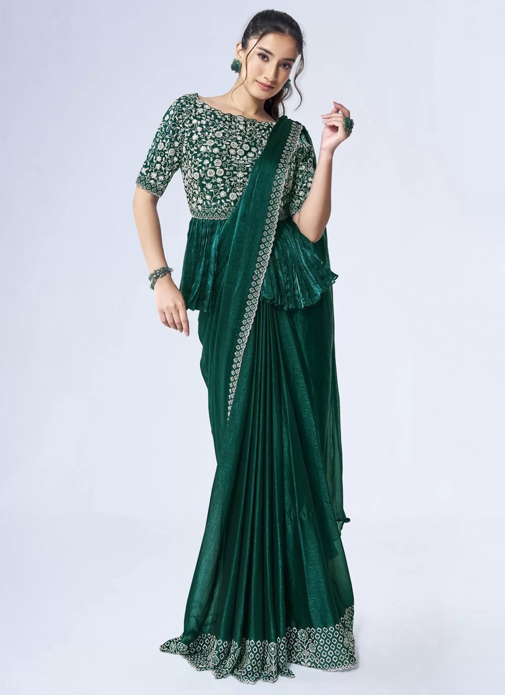 Graceful green satin silk ready to wear saree with handwork