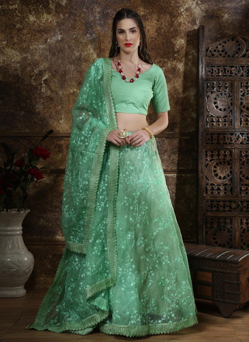 Green Resham Zari And Organza Silk Lehenga Choli