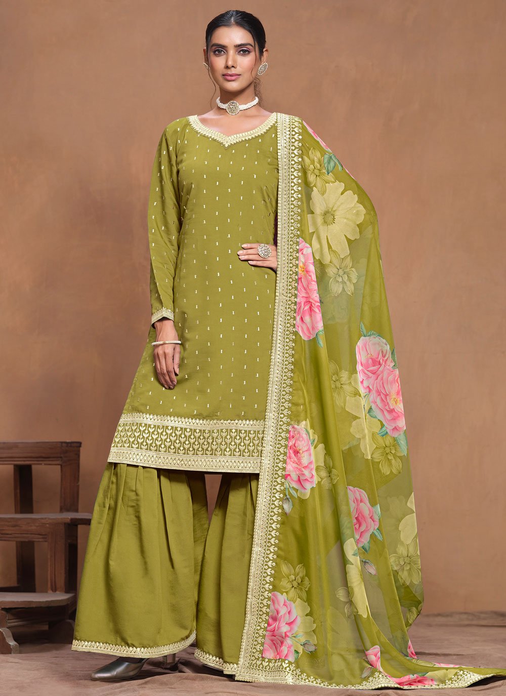 Green roman silk sharara suit with gota patti and organza dupatta