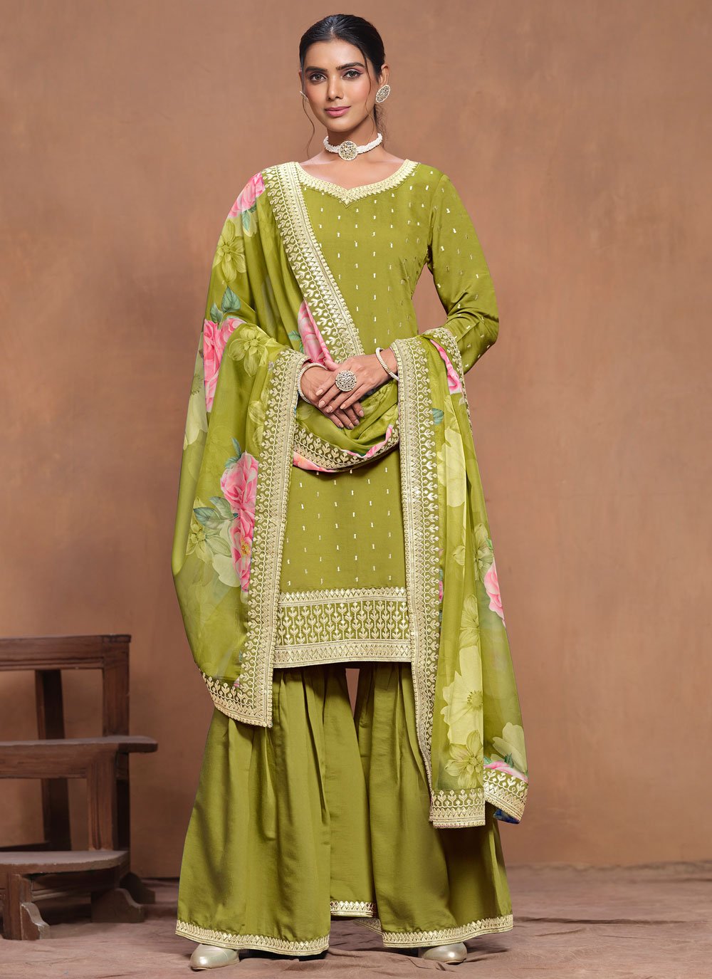 Green roman silk sharara suit with gota patti and organza dupatta