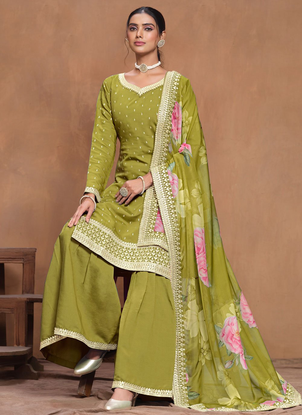 Green roman silk sharara suit with gota patti and organza dupatta