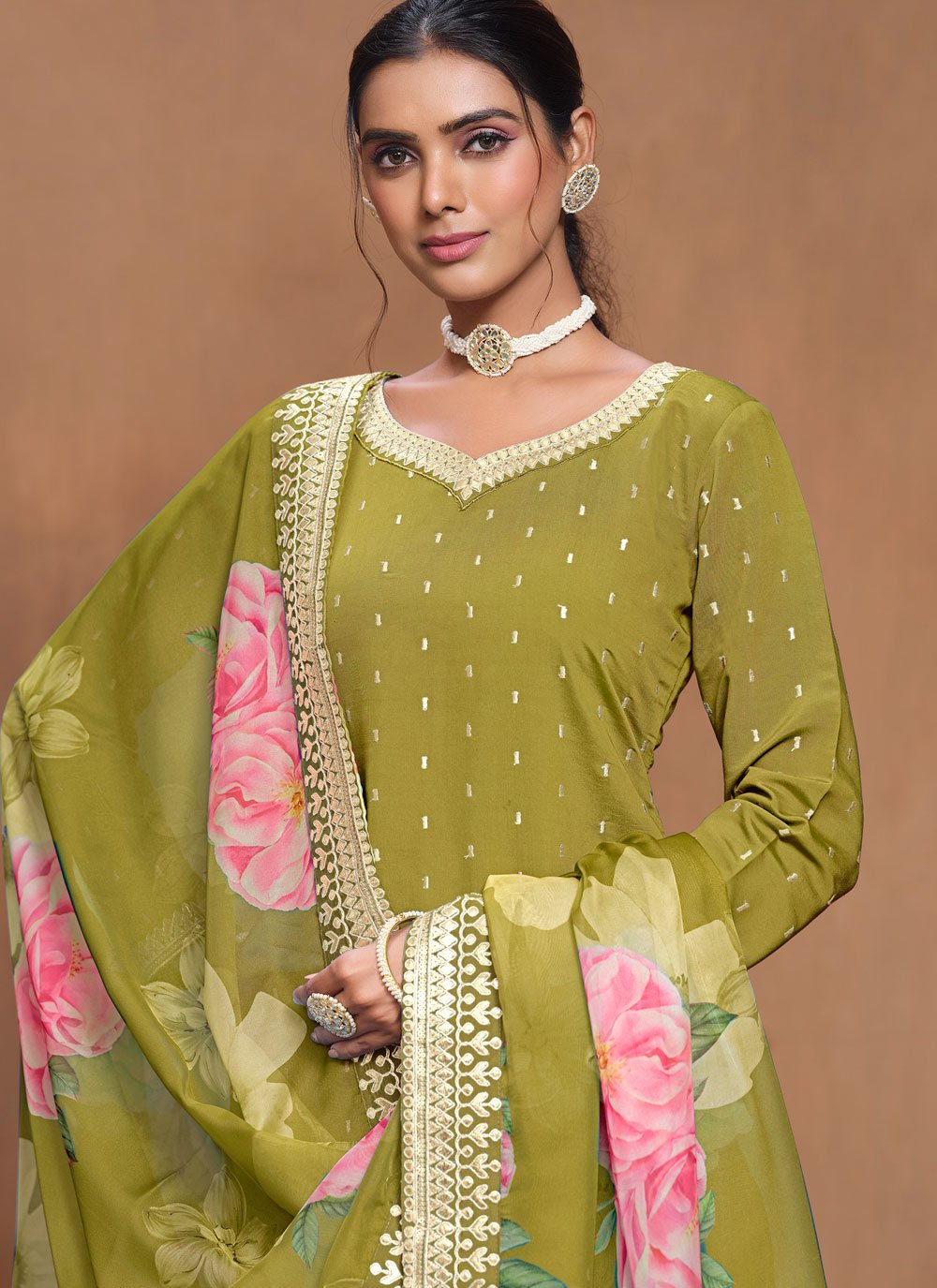 Green roman silk sharara suit with gota patti and organza dupatta