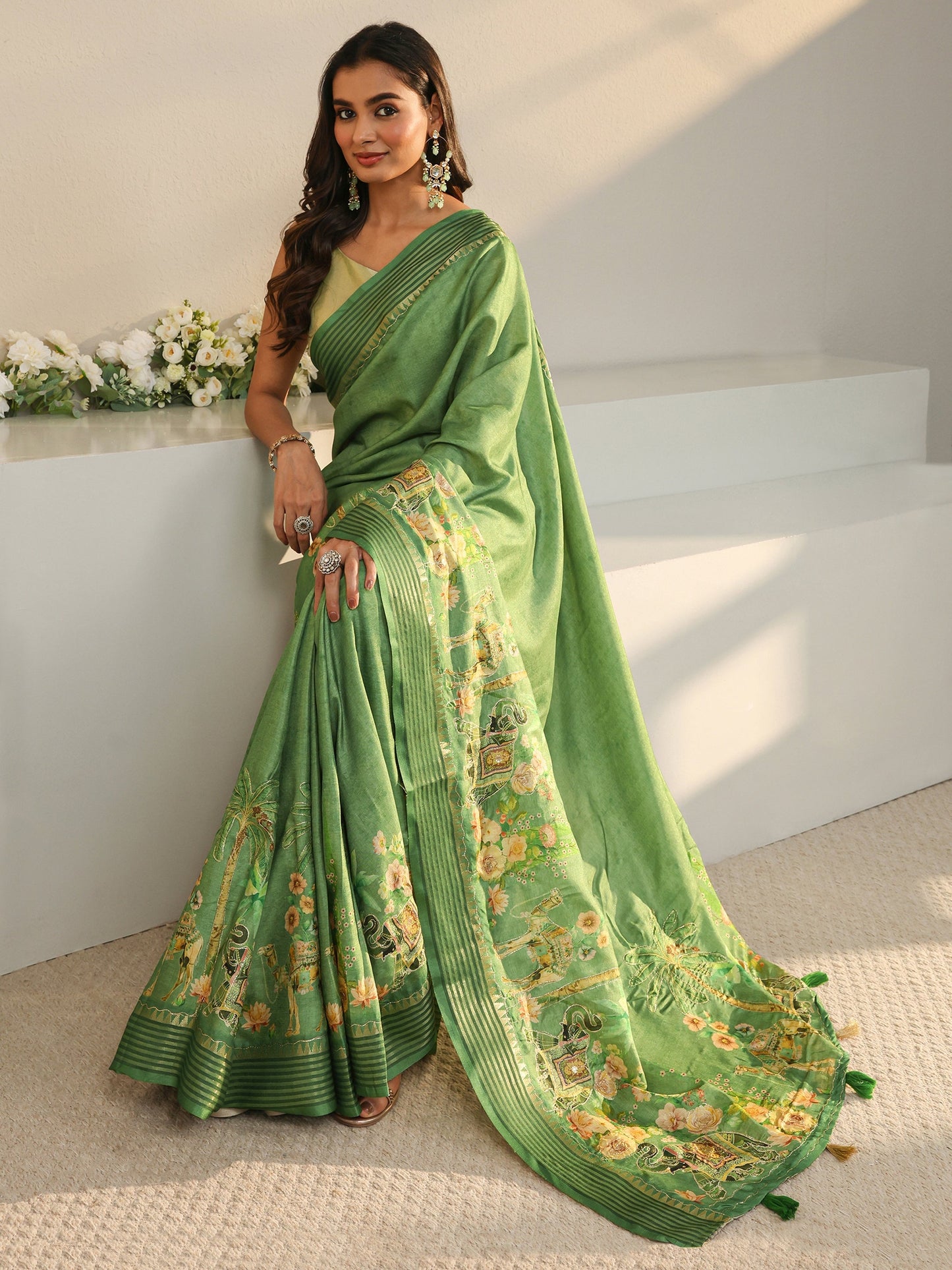 Libas Green Royal Printed Silk Blend Saree With Unstitched Blouse Piece