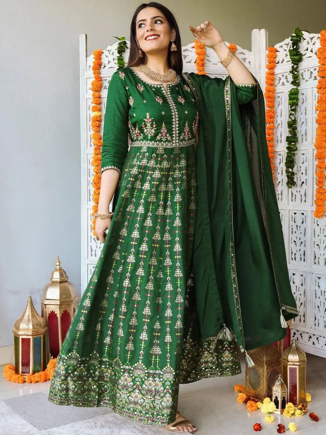 Libas Green Self Design Silk Anarkali Kurta With Churidar & Dupatta