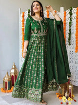 Libas Green Self Design Silk Anarkali Kurta With Churidar & Dupatta