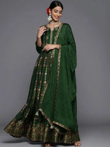 Libas Green Self Design Silk Anarkali Kurta With Churidar & Dupatta