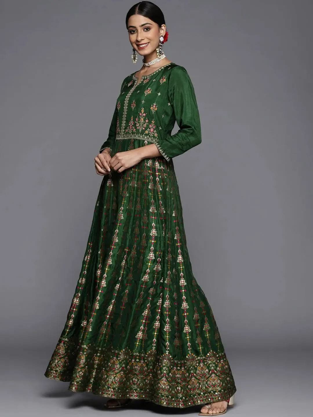 Libas Green Self Design Silk Anarkali Kurta With Churidar & Dupatta