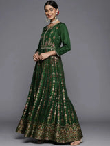 Libas Green Self Design Silk Anarkali Kurta With Churidar & Dupatta