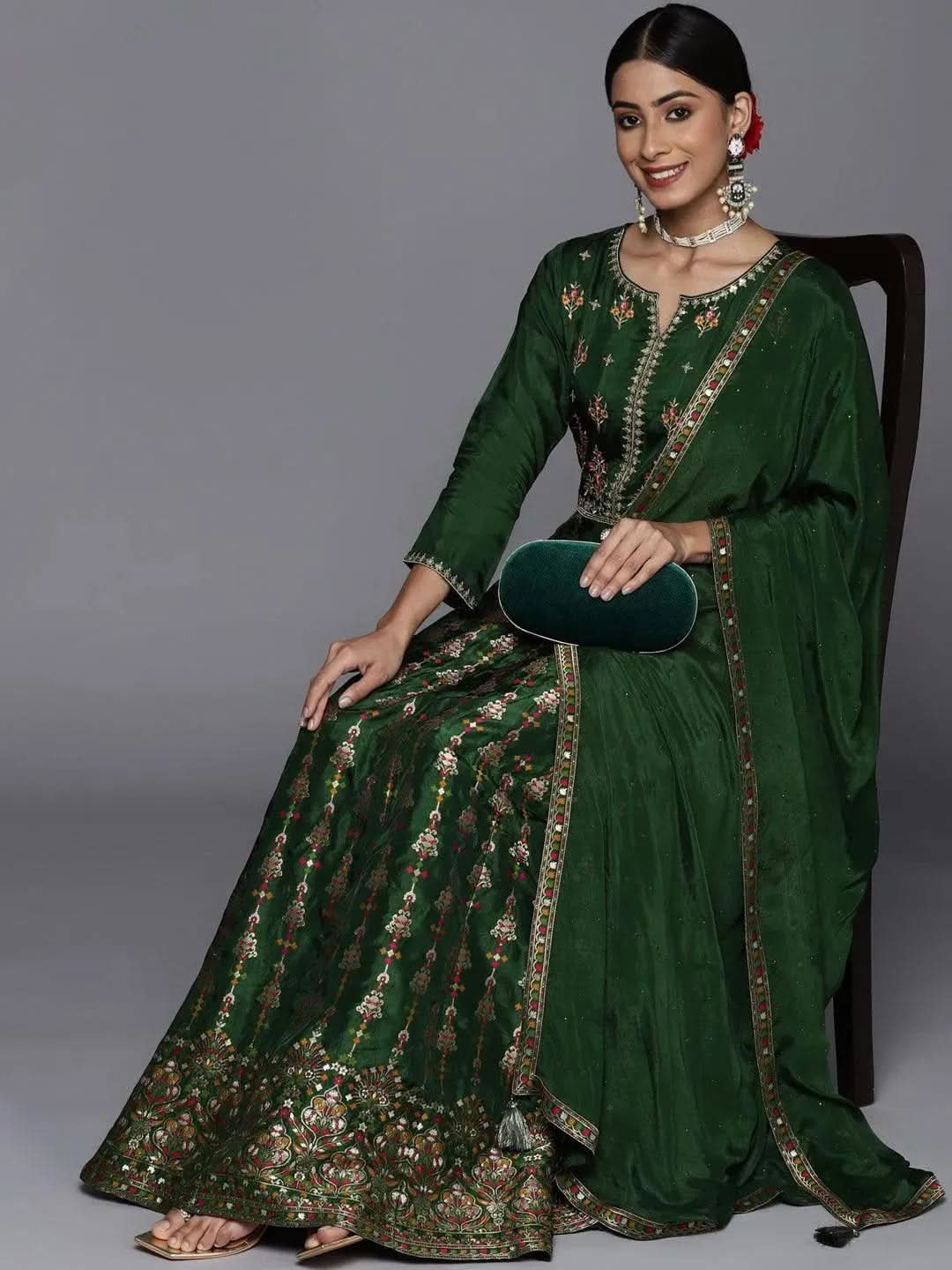 Libas Green Self Design Silk Anarkali Kurta With Churidar & Dupatta