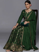 Libas Green Self Design Silk Anarkali Kurta With Churidar & Dupatta