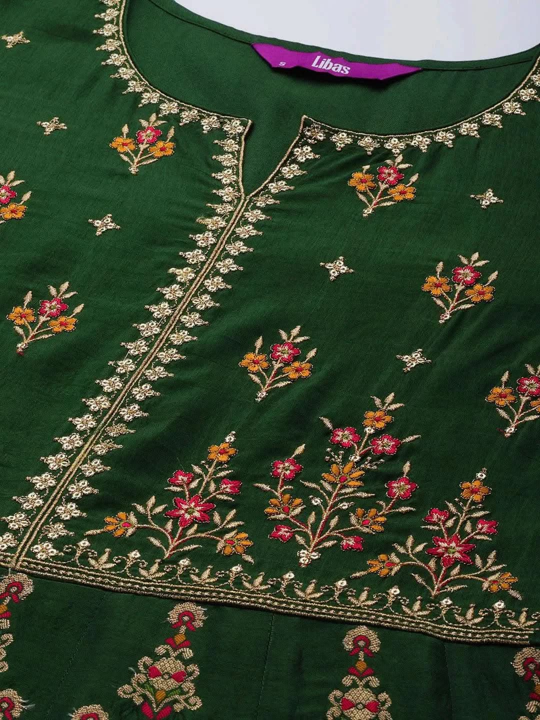 Libas Green Self Design Silk Anarkali Kurta With Churidar & Dupatta