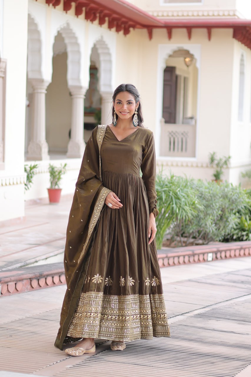 Green Sequins Embroidered Gown
