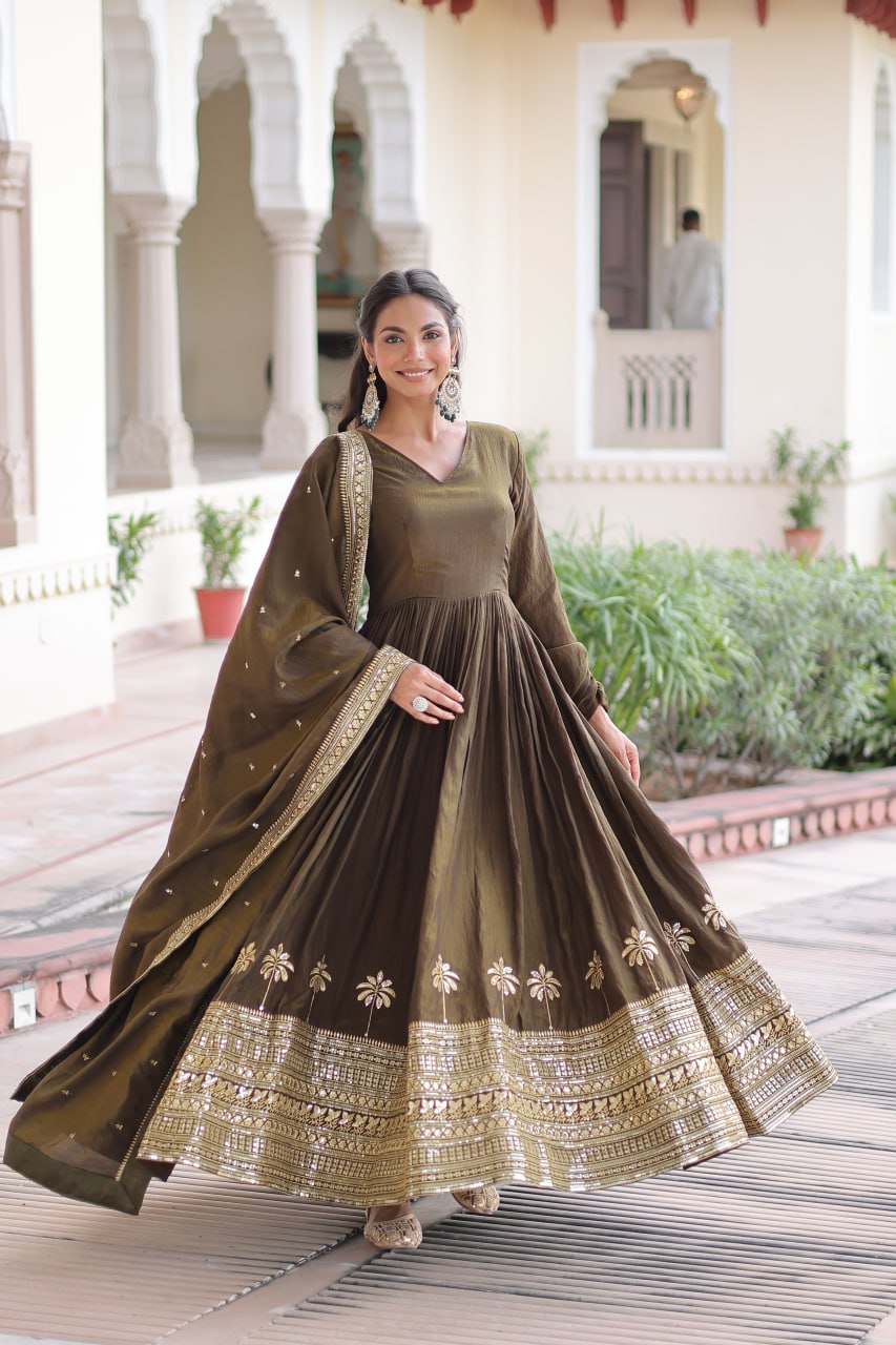 Green Sequins Embroidered Gown