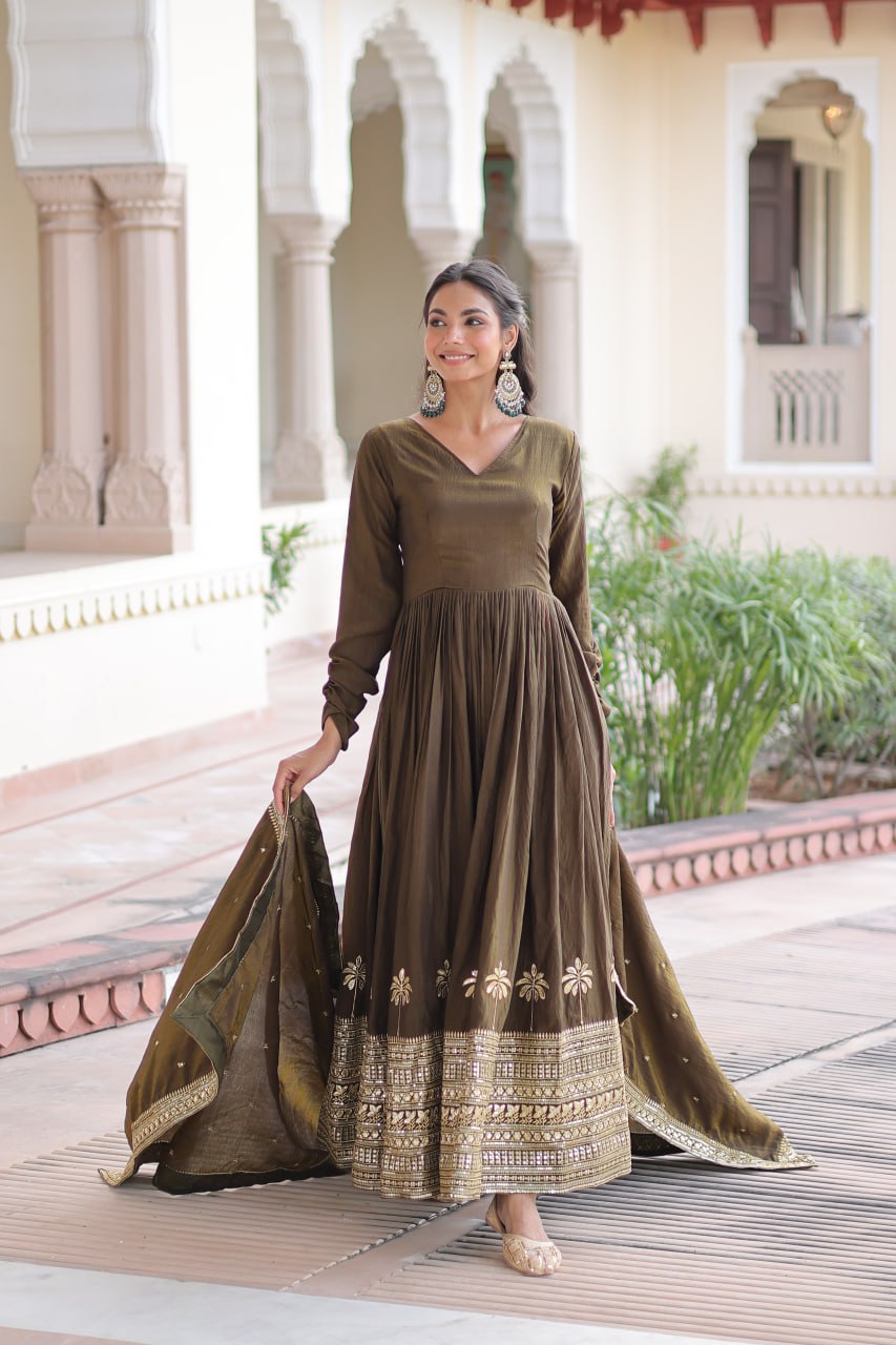 Green Sequins Embroidered Gown