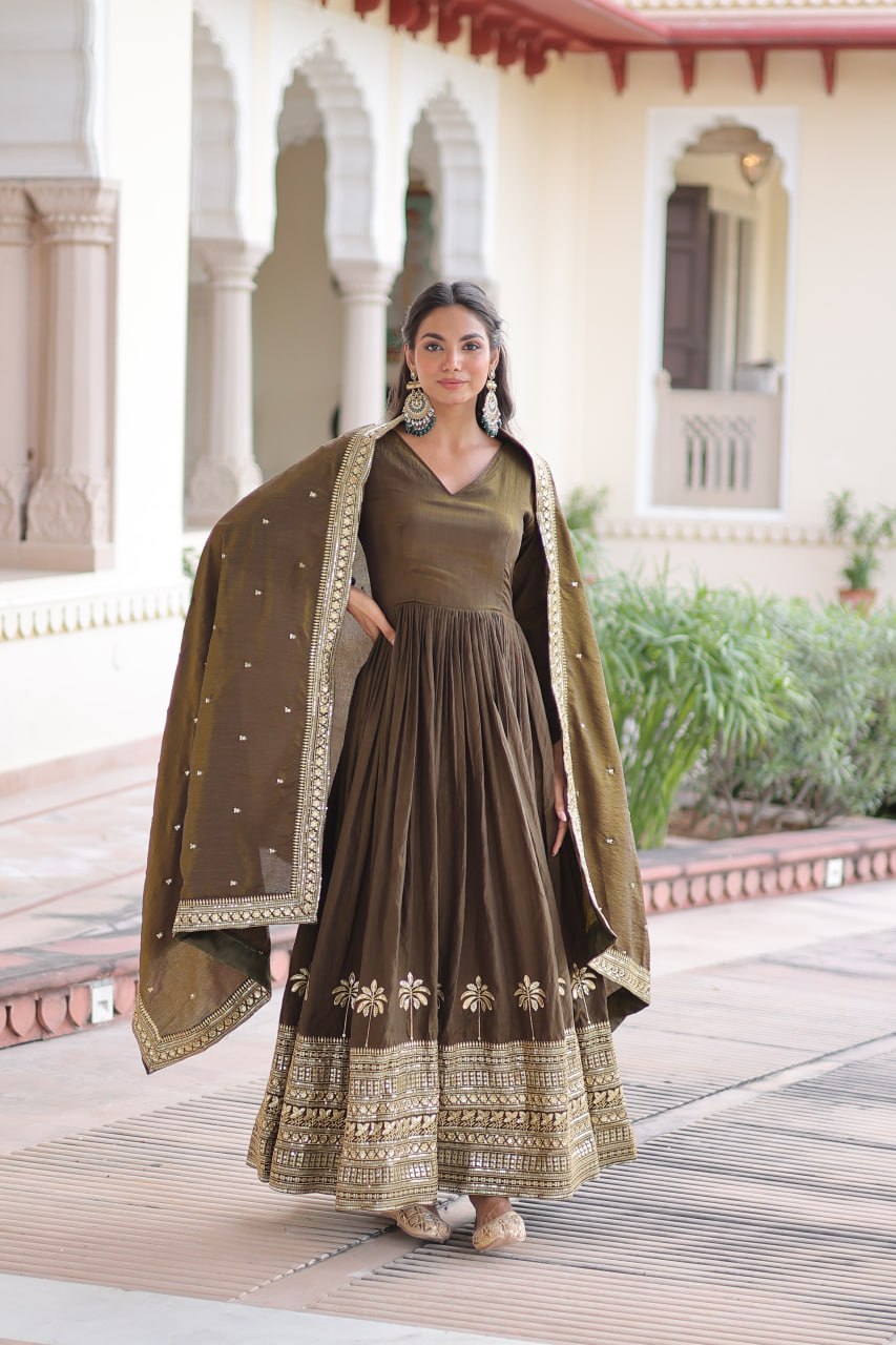 Green Sequins Embroidered Gown