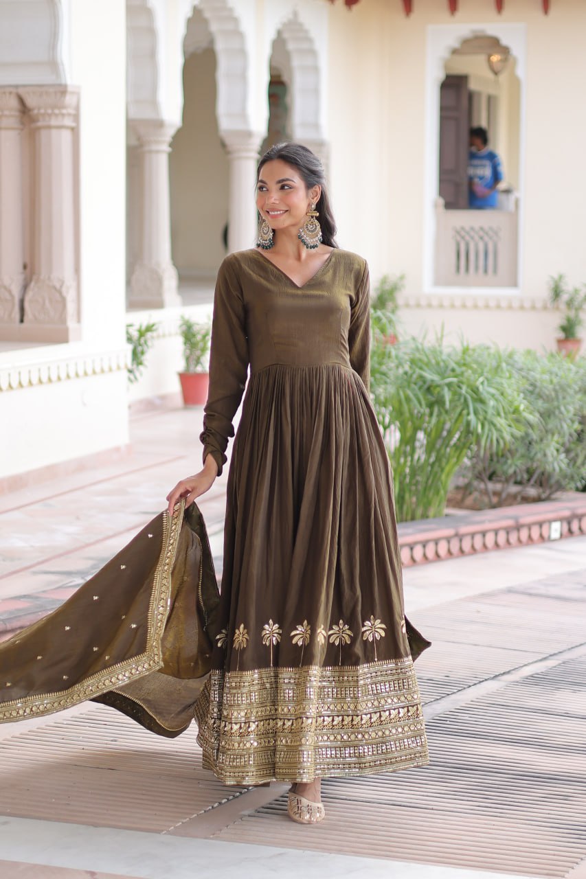 Green Sequins Embroidered Gown
