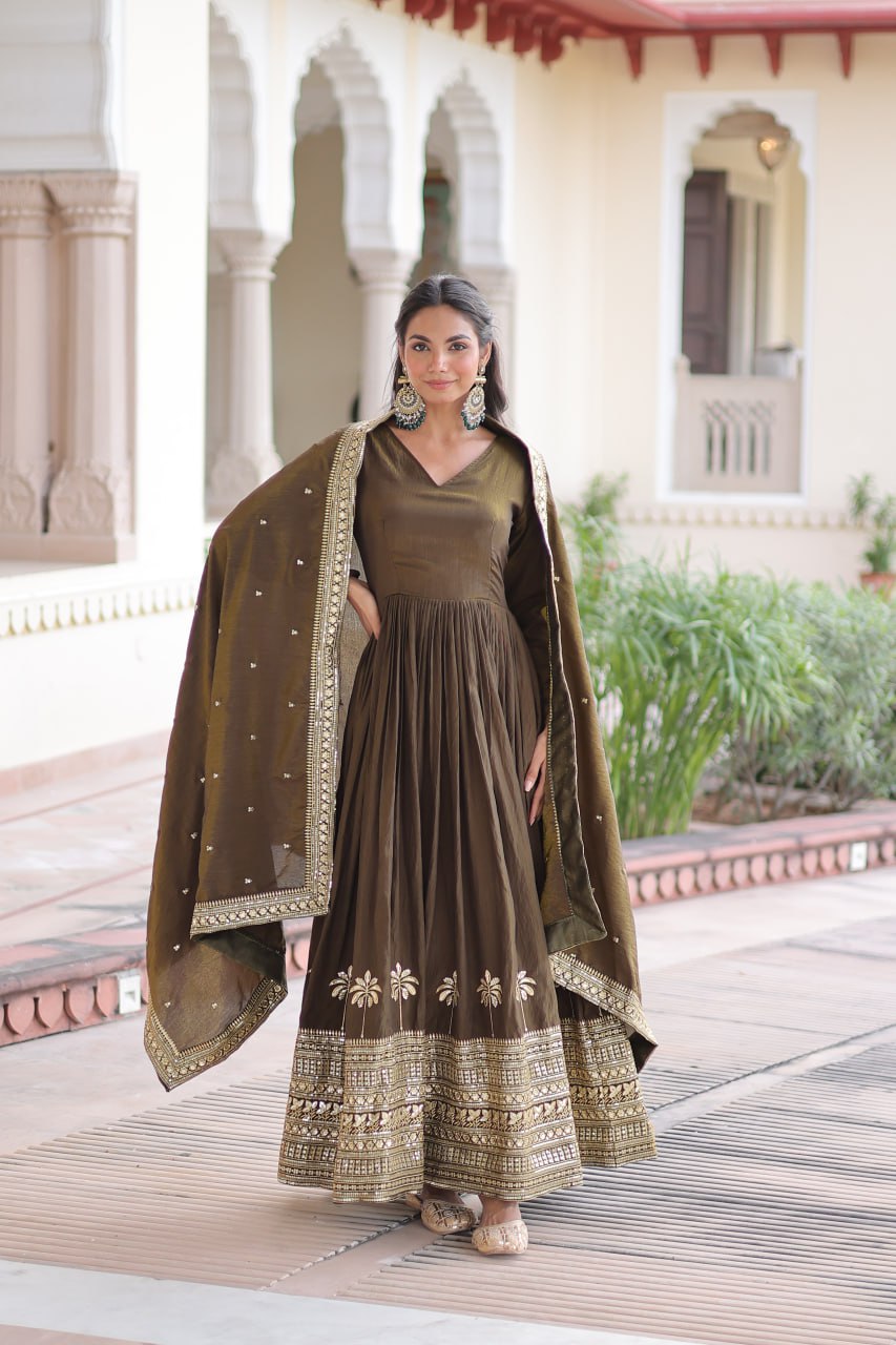 Green Sequins Embroidered Gown