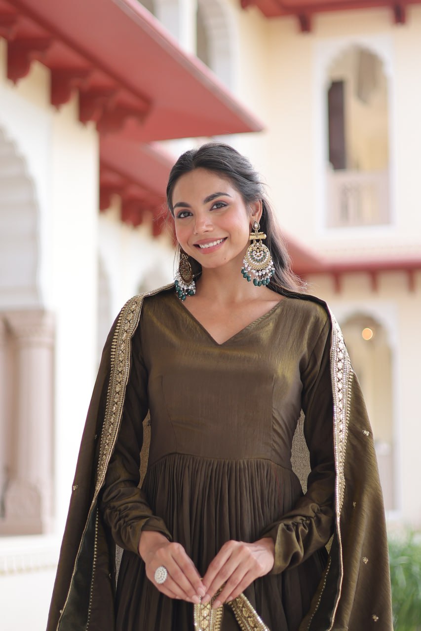 Green Sequins Embroidered Gown