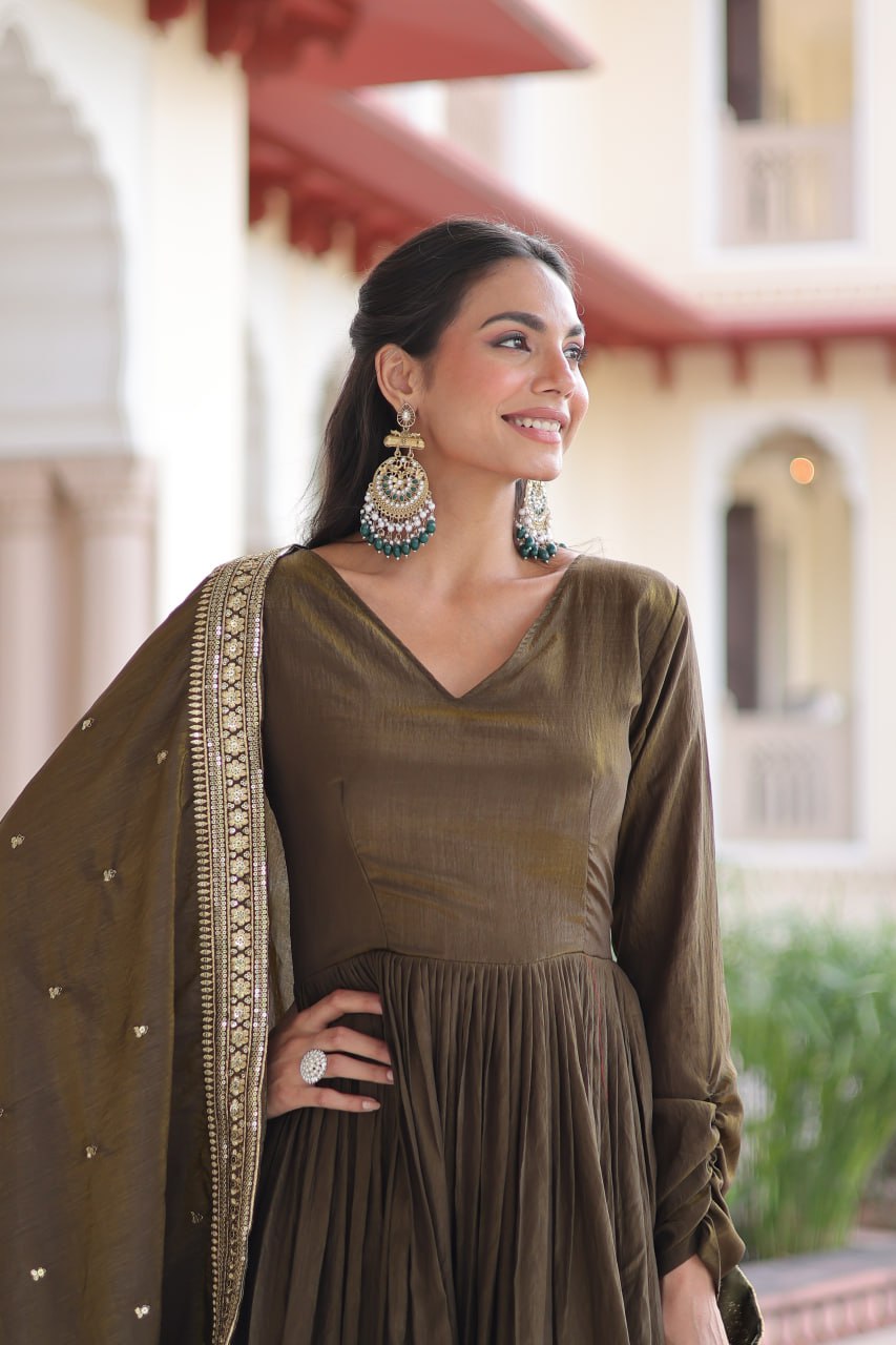 Green Sequins Embroidered Gown