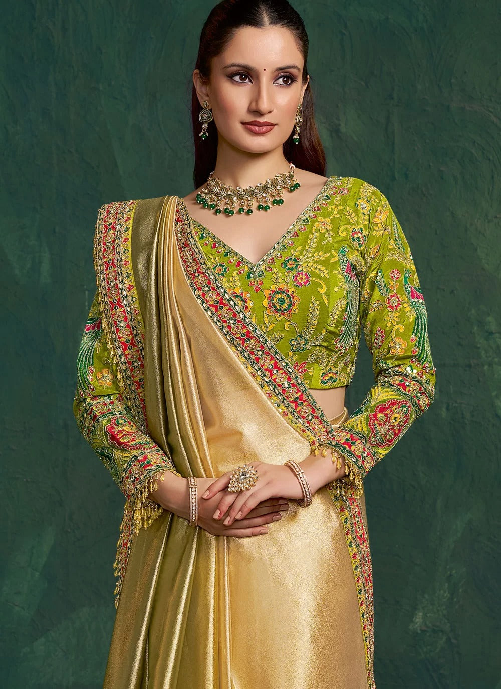 Graceful green shaded wedding wear saree in kora zari tissue silk